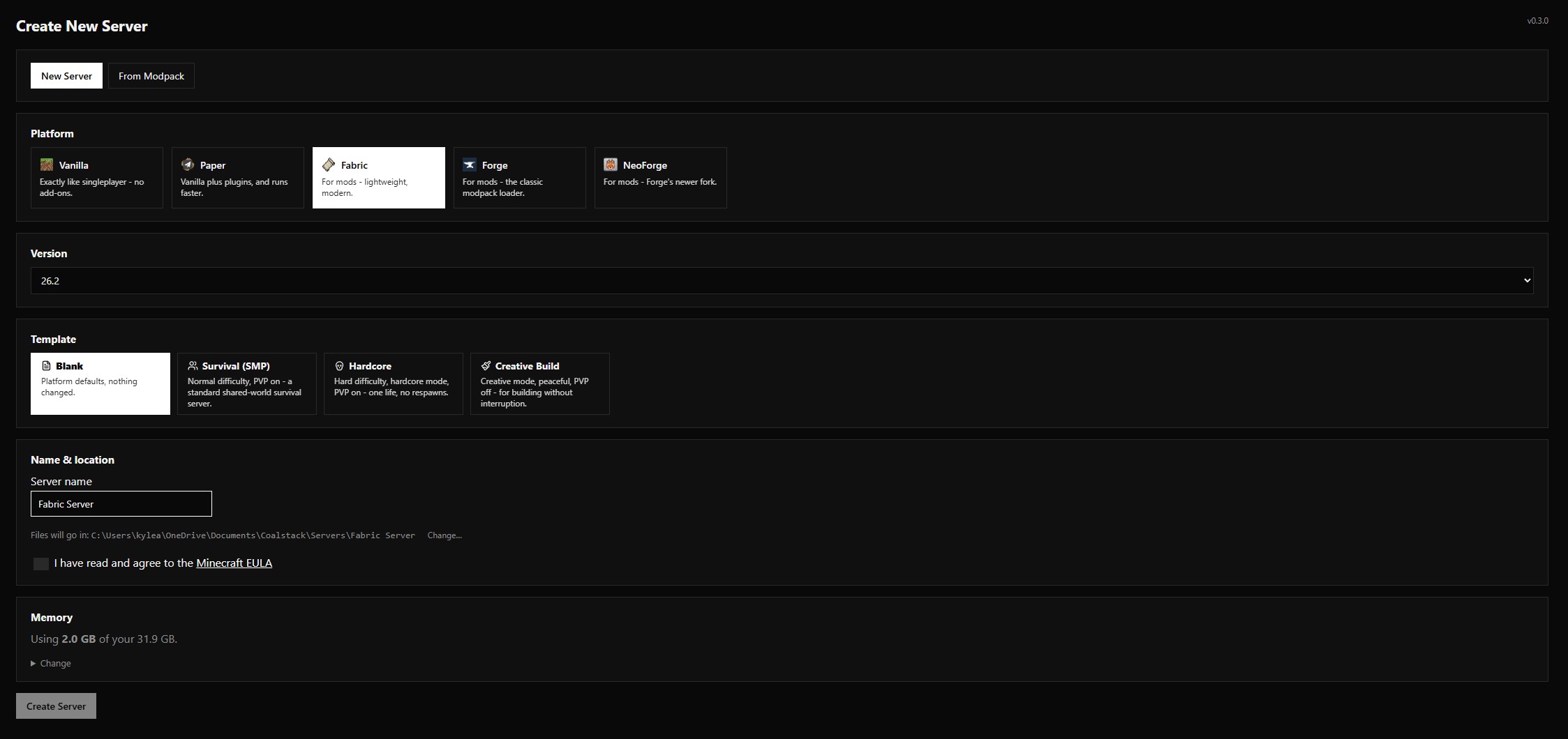 Coalstack's Setup Wizard with Fabric selected as the platform