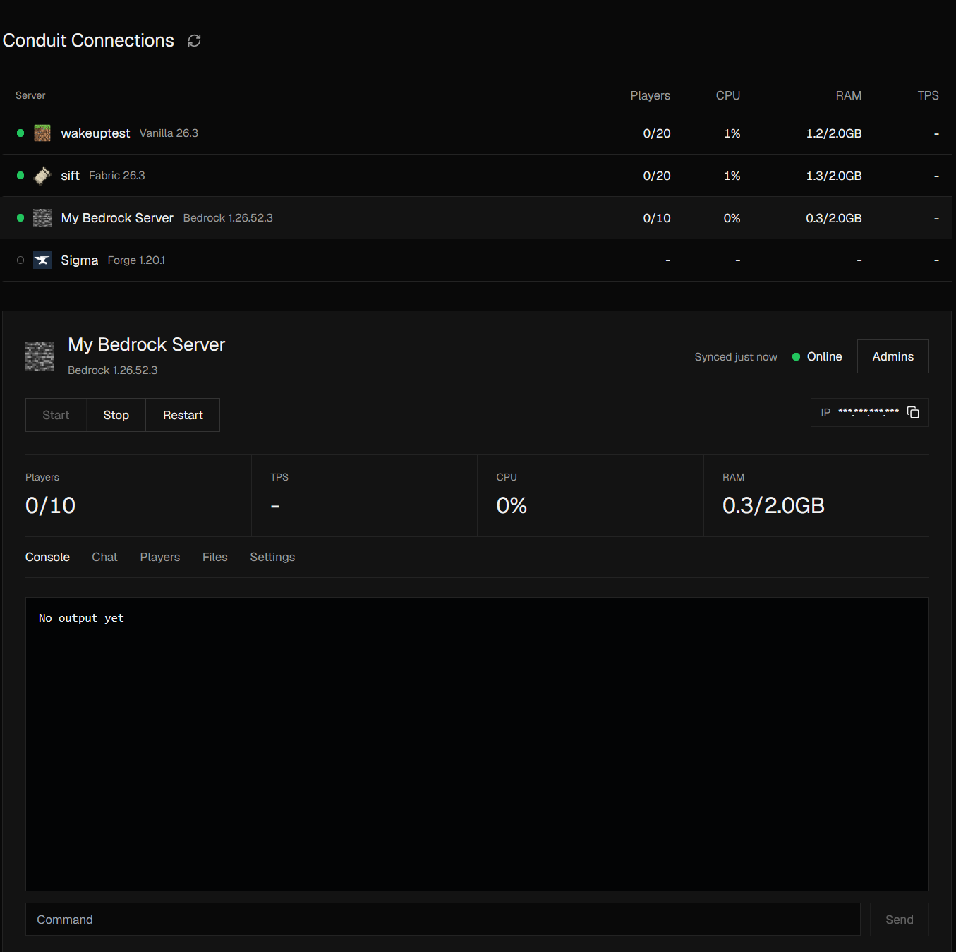 The Conduit connections page showing a running server and its console