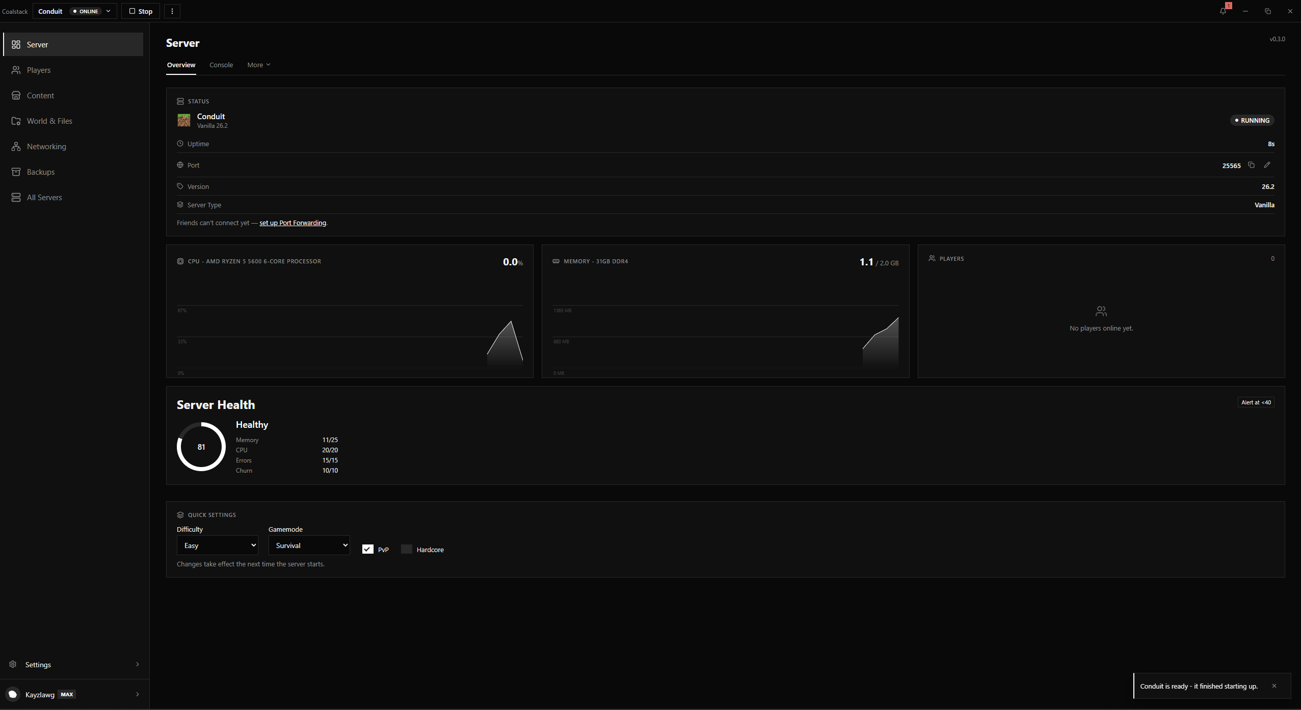 Coalstack dashboard managing a running server